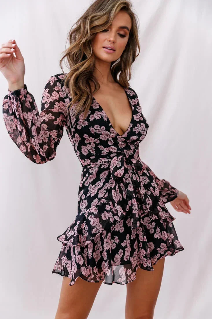 Kerry Layered Balloon Sleeve Dress Black/Pink