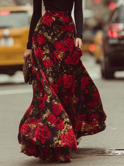 Black Turtleneck Red Floral Print Maxi Skirt Two Piece