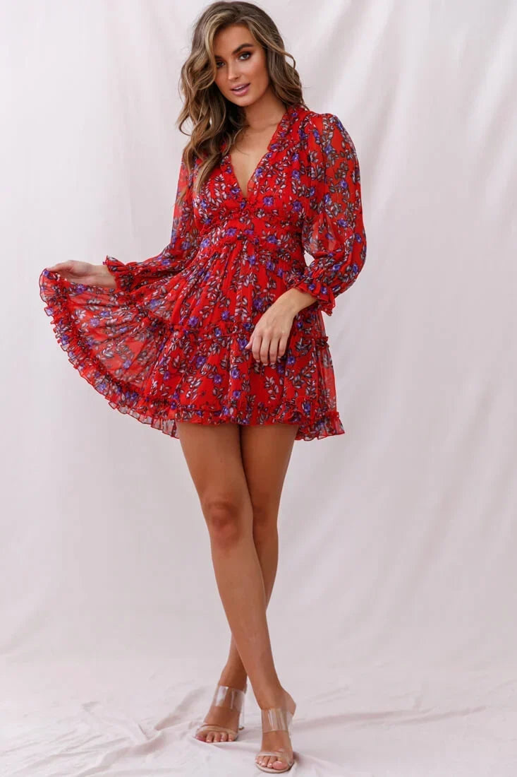 Laney Cutout Back Ruffle Trim Dress Red Floral