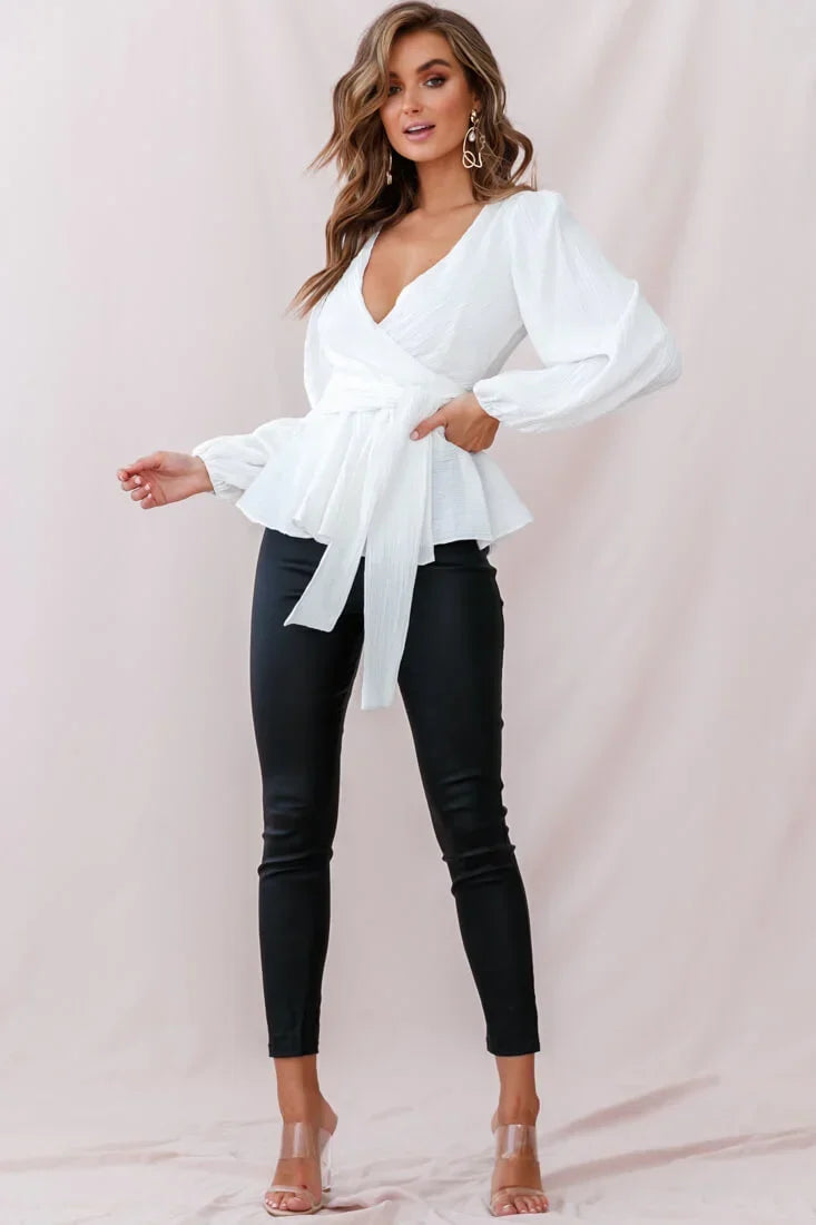 Macy Fit & Flare Wrap Top White