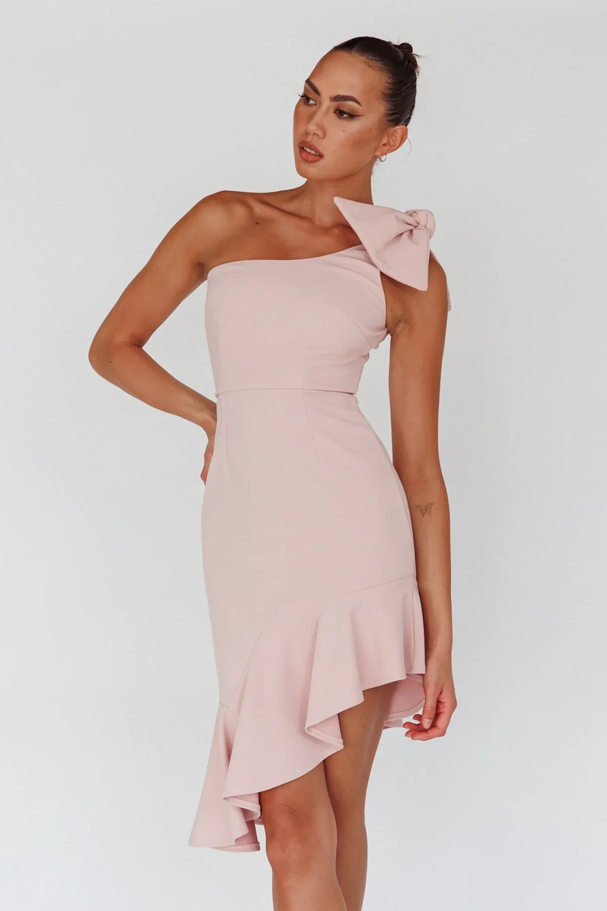 Tiffany One-Shoulder Bow Dress Blush