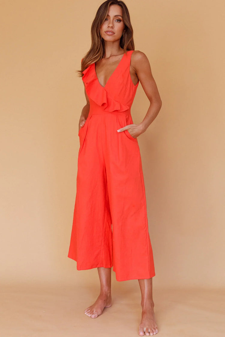 Cheryl Ruffle Strap Wide Leg Jumpsuit Tangerine