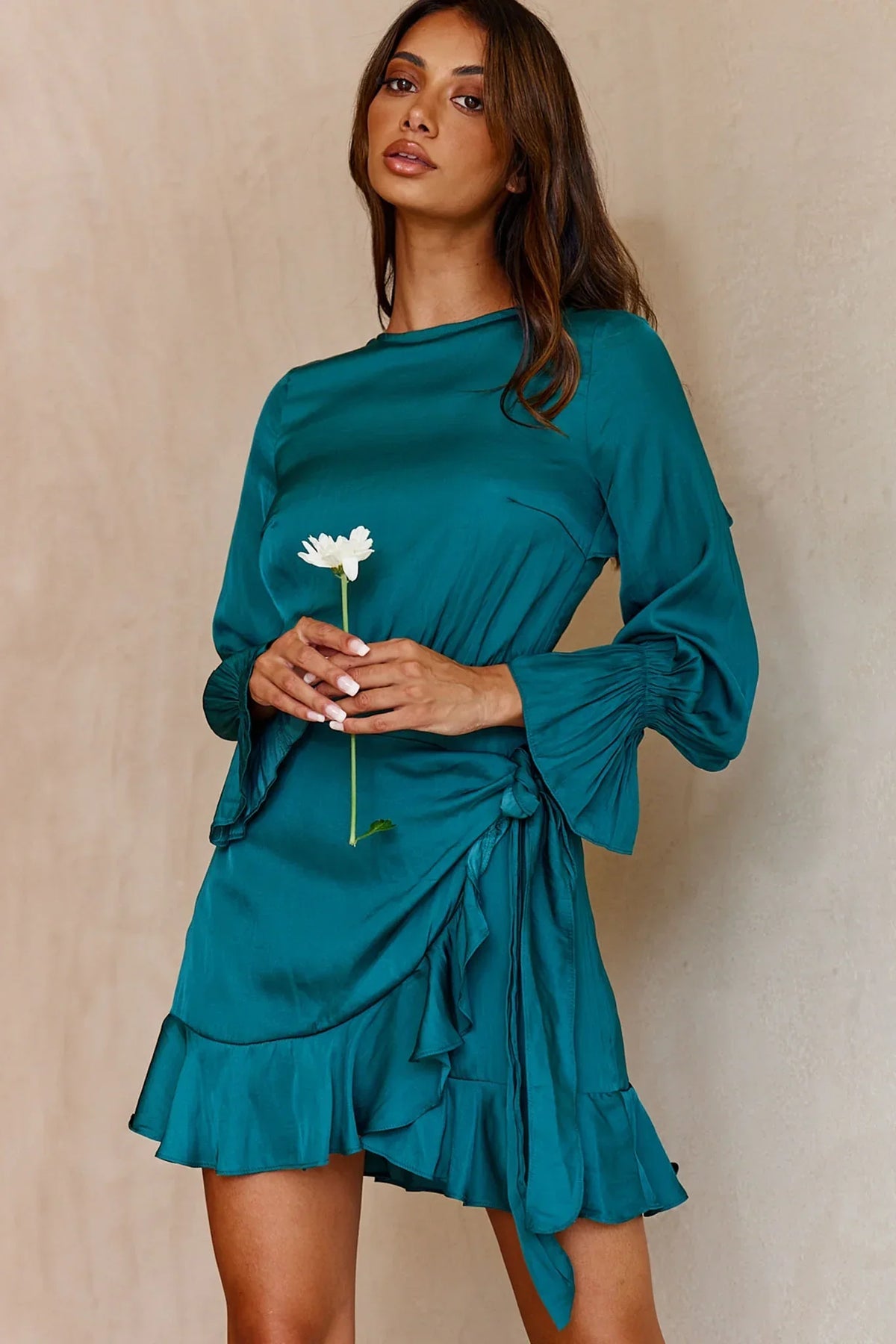 Darla Long Sleeve Satin Dress Forest Green