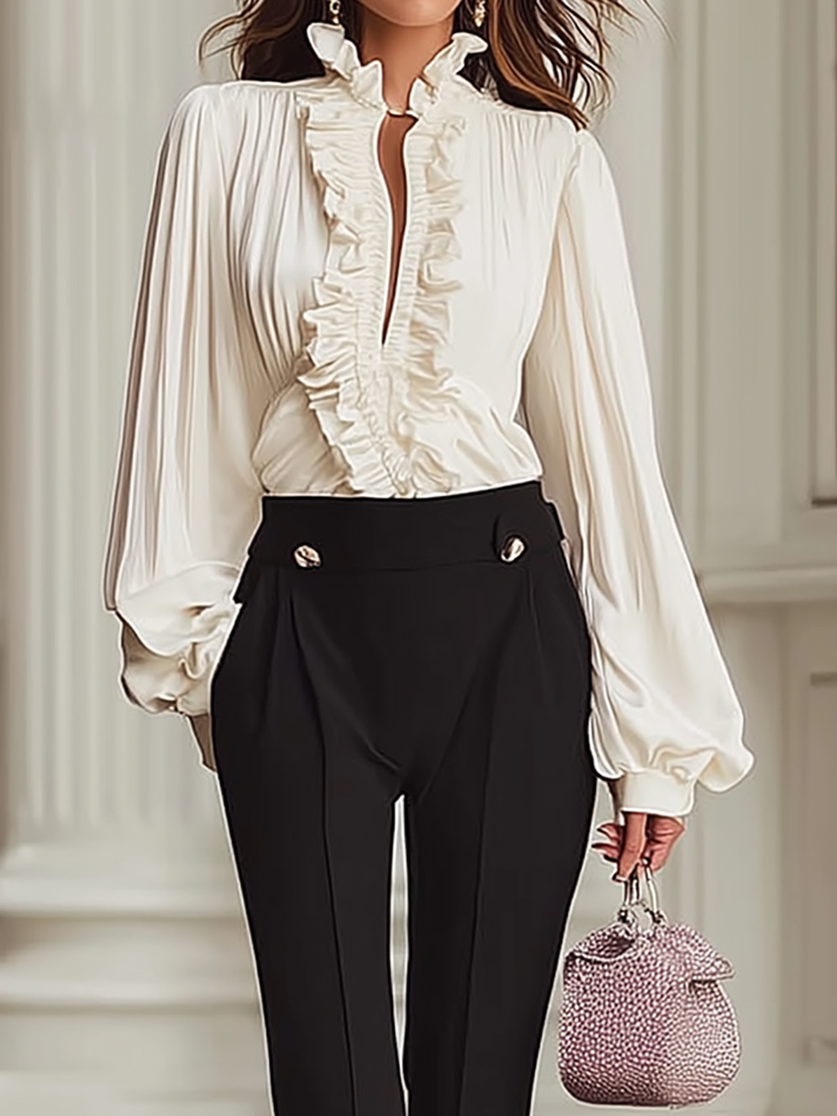 Chic Puff Sleeve Ruffle Blouse & Split Hem Pants Set