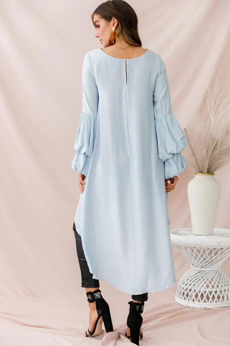 Elaine High Low Balloon Sleeve Top Blue