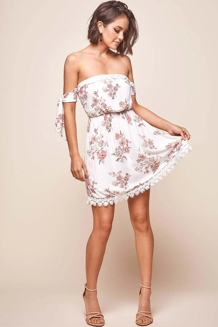 Polly Bardot Embroidery Fringe Dress White
