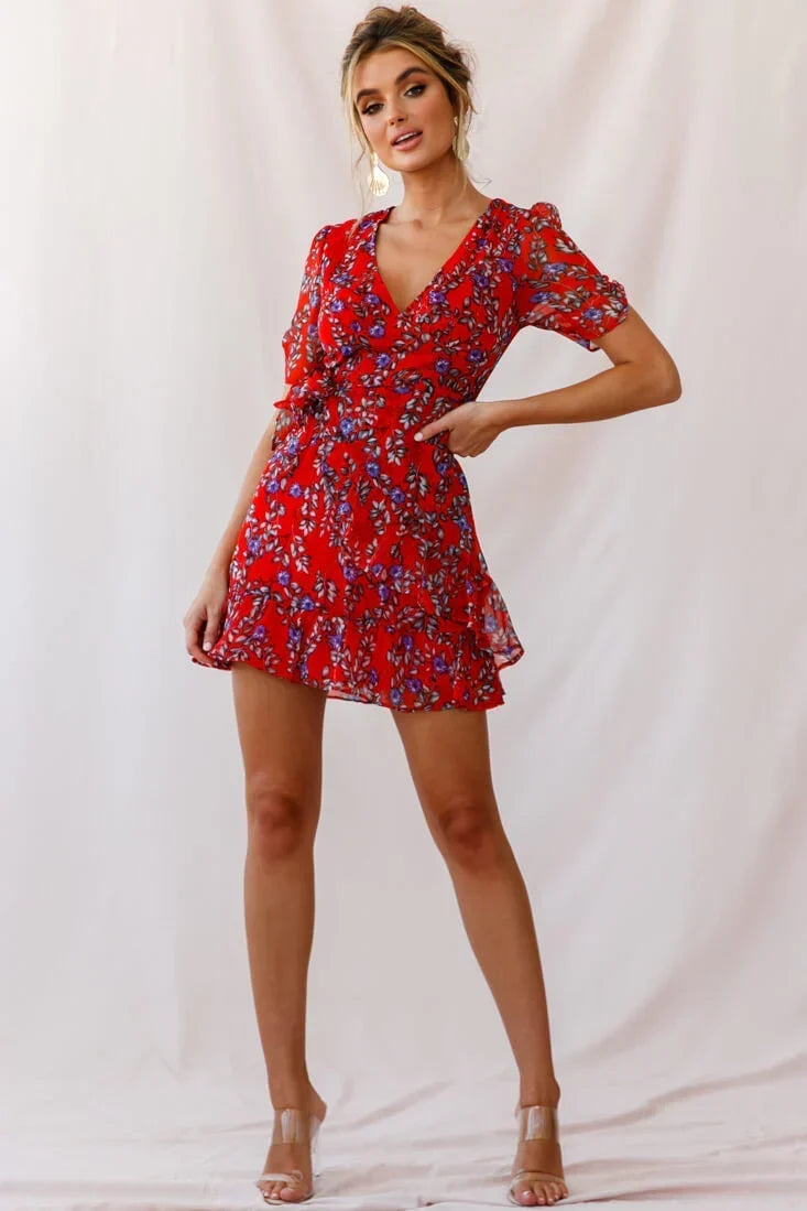 Edie V-Neck Chiffon Dress Red