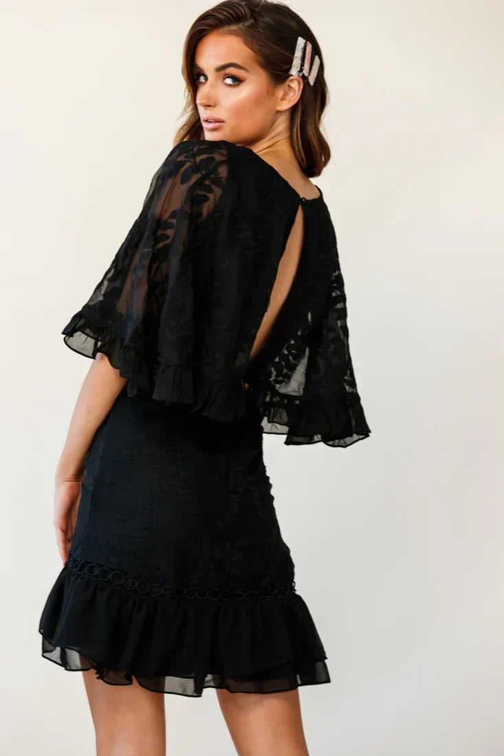 Caspar Leafy Embroidered Dress Black Tall