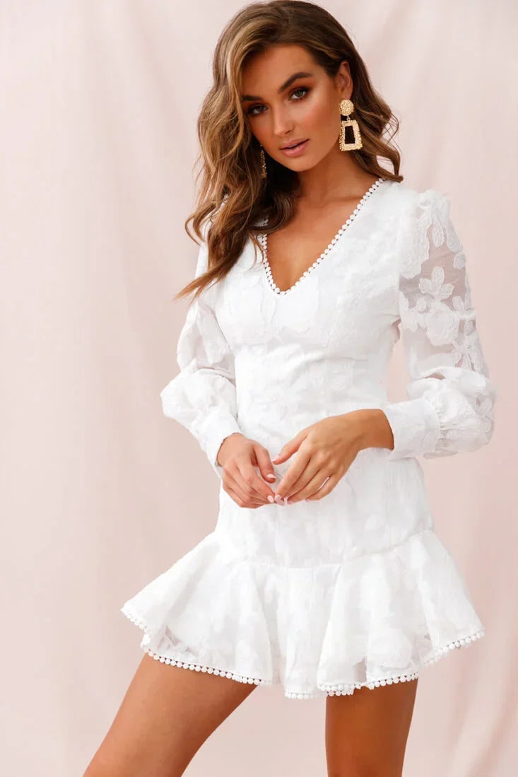 Camellia Open Back Cuff Sleeve Dress White
