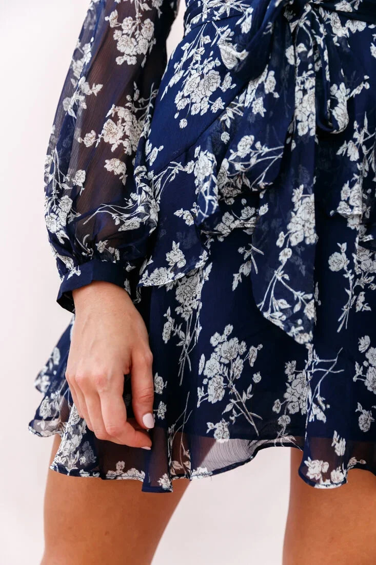Kerry Layered Balloon Sleeve Dress Navy/White