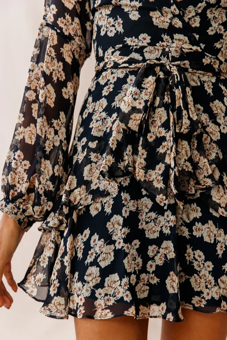 Kerry Layered Balloon Sleeve Dress Navy/Beige