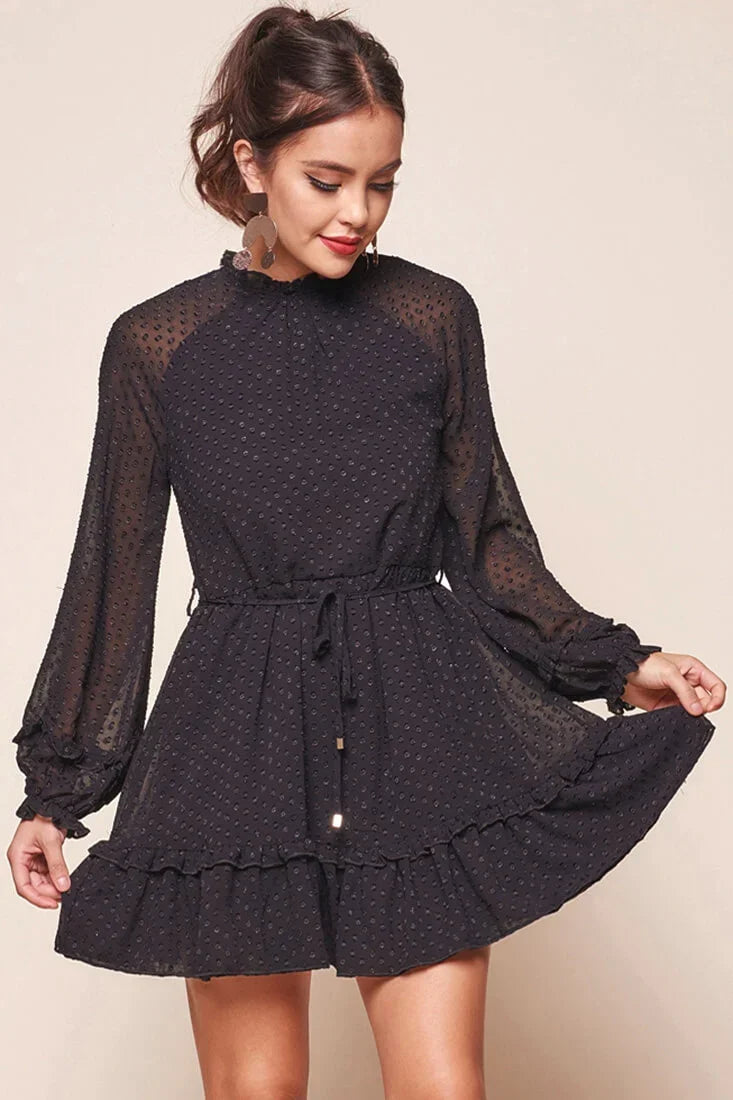 Tracee Open Black Ruffled Hemline Dress Black
