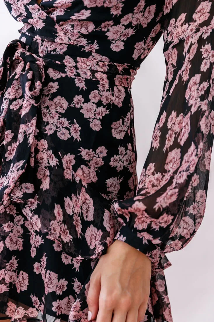 Kerry Layered Balloon Sleeve Dress Black/Pink