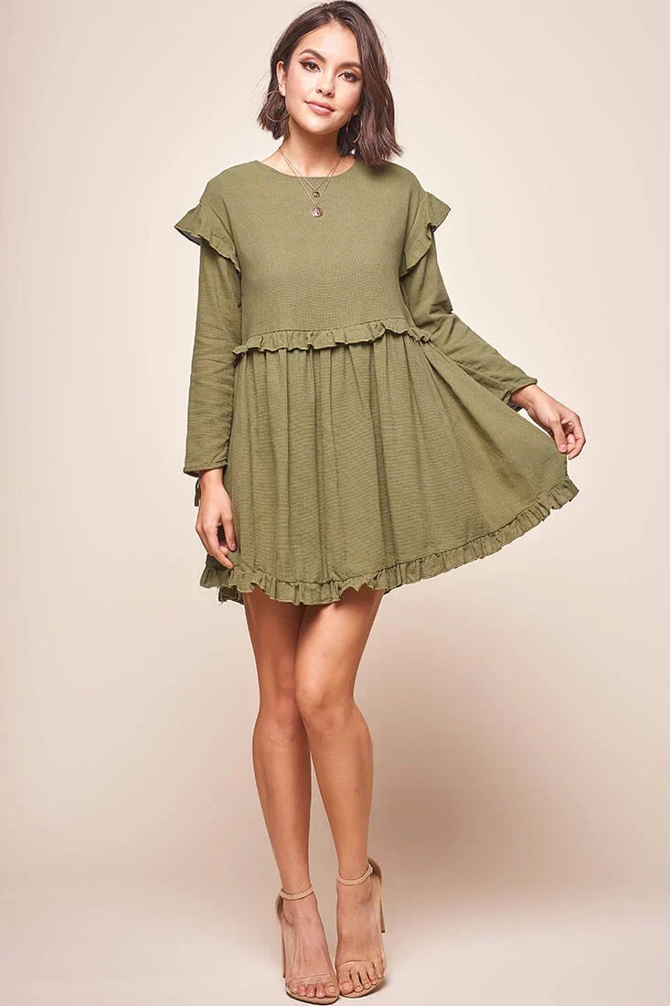 Olive ruffle-trim babydoll dress