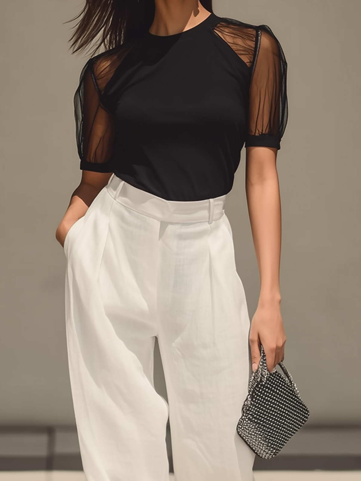 Chic Contrast Sheer Sleeve Top & High-Waist Pants Set