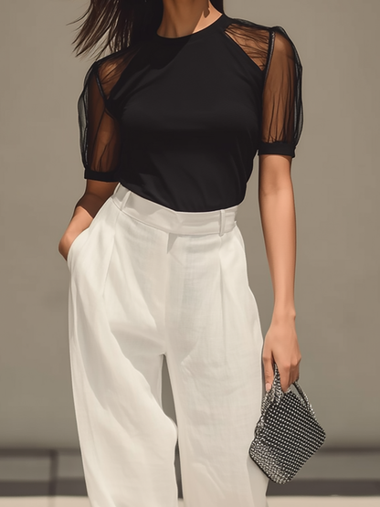 Chic Contrast Sheer Sleeve Top & High-Waist Pants Set