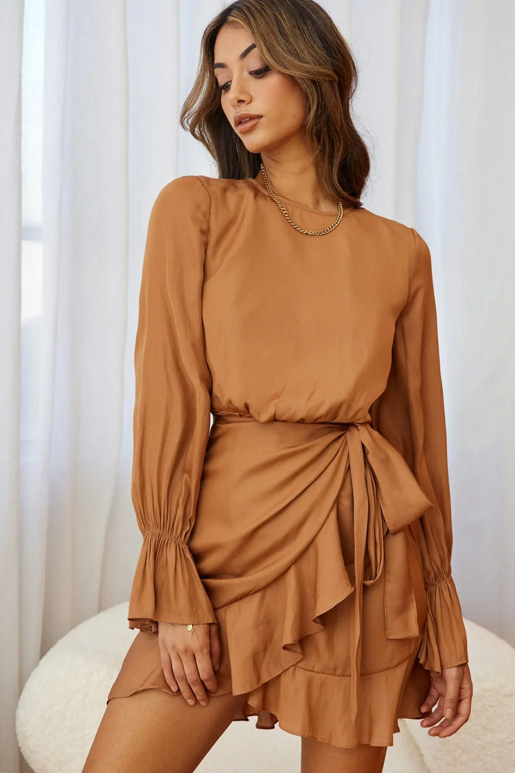 Darla Long Sleeve Satin Dress Tan