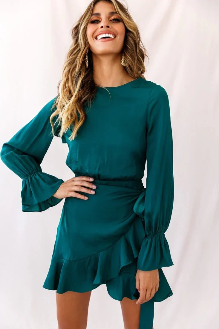 Darla Long Sleeve Satin Dress Forest Green