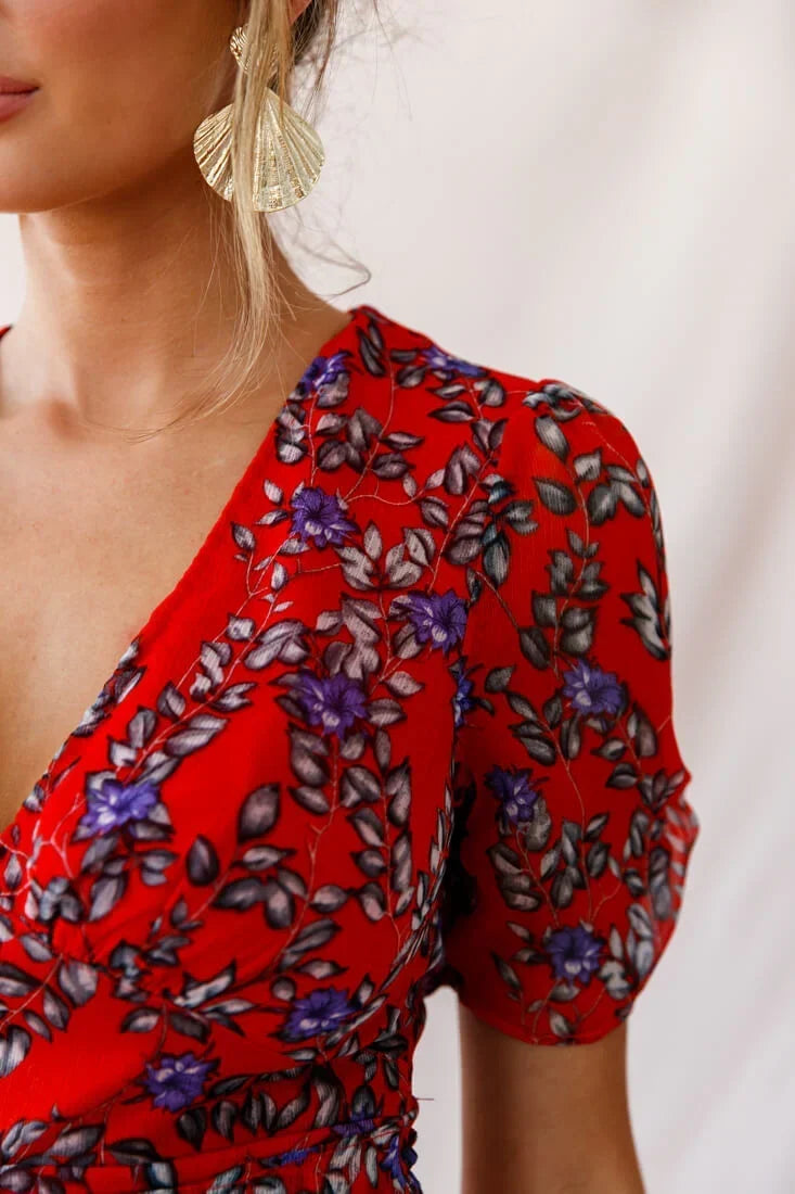 Edie V-Neck Chiffon Dress Red