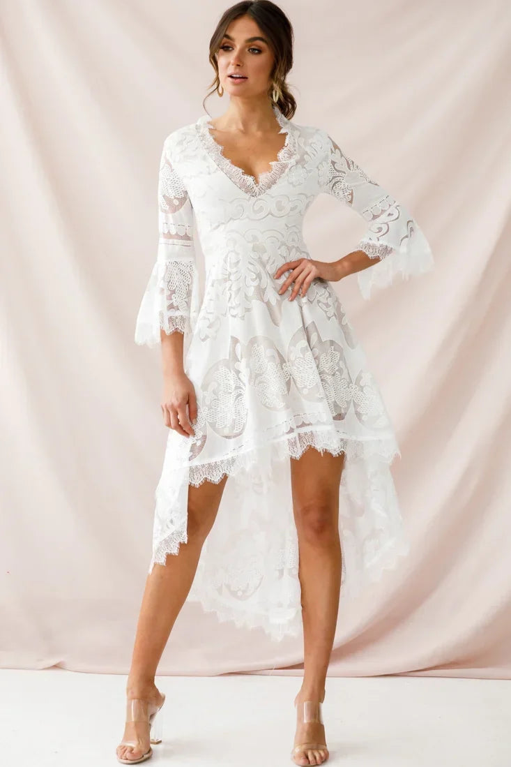 Chantilly High-Low Bell Sleeve Dress White