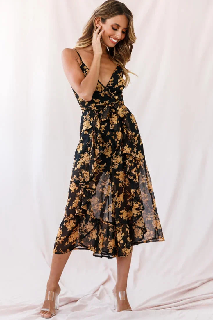 Constance Thin Strap Midi Jumpsuit Black/Orange Flower