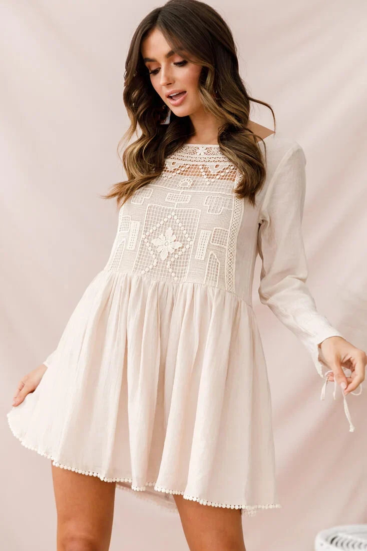 Cassie Embroidered Bust Swing Dress Beige