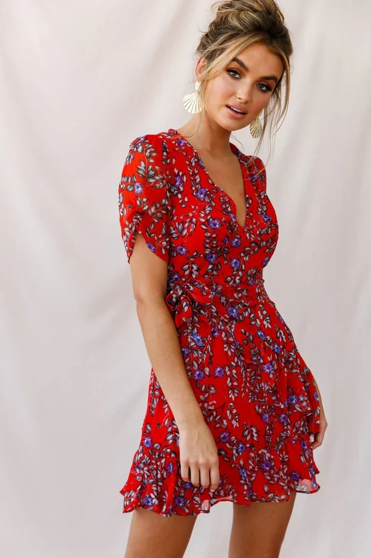 Edie V-Neck Chiffon Dress Red