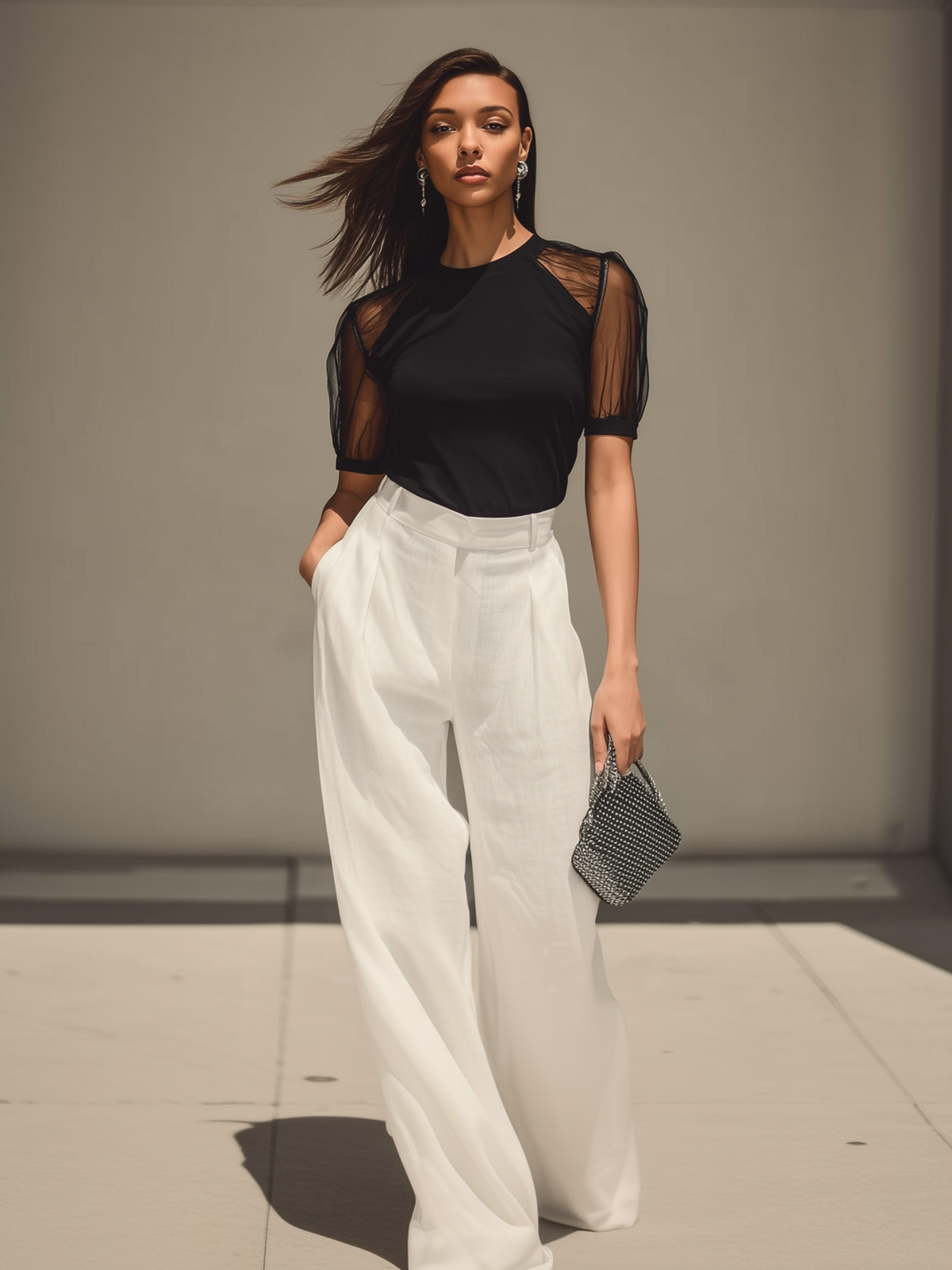 Chic Contrast Sheer Sleeve Top & High-Waist Pants Set