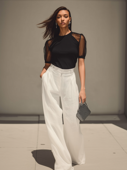 Chic Contrast Sheer Sleeve Top & High-Waist Pants Set