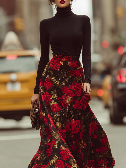 Black Turtleneck Red Floral Print Maxi Skirt Two Piece