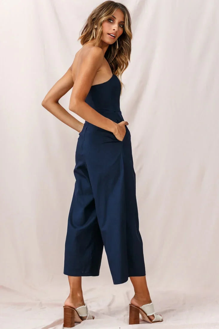 Call Me Wide-Leg Linen Bandeau Jumpsuit Navy