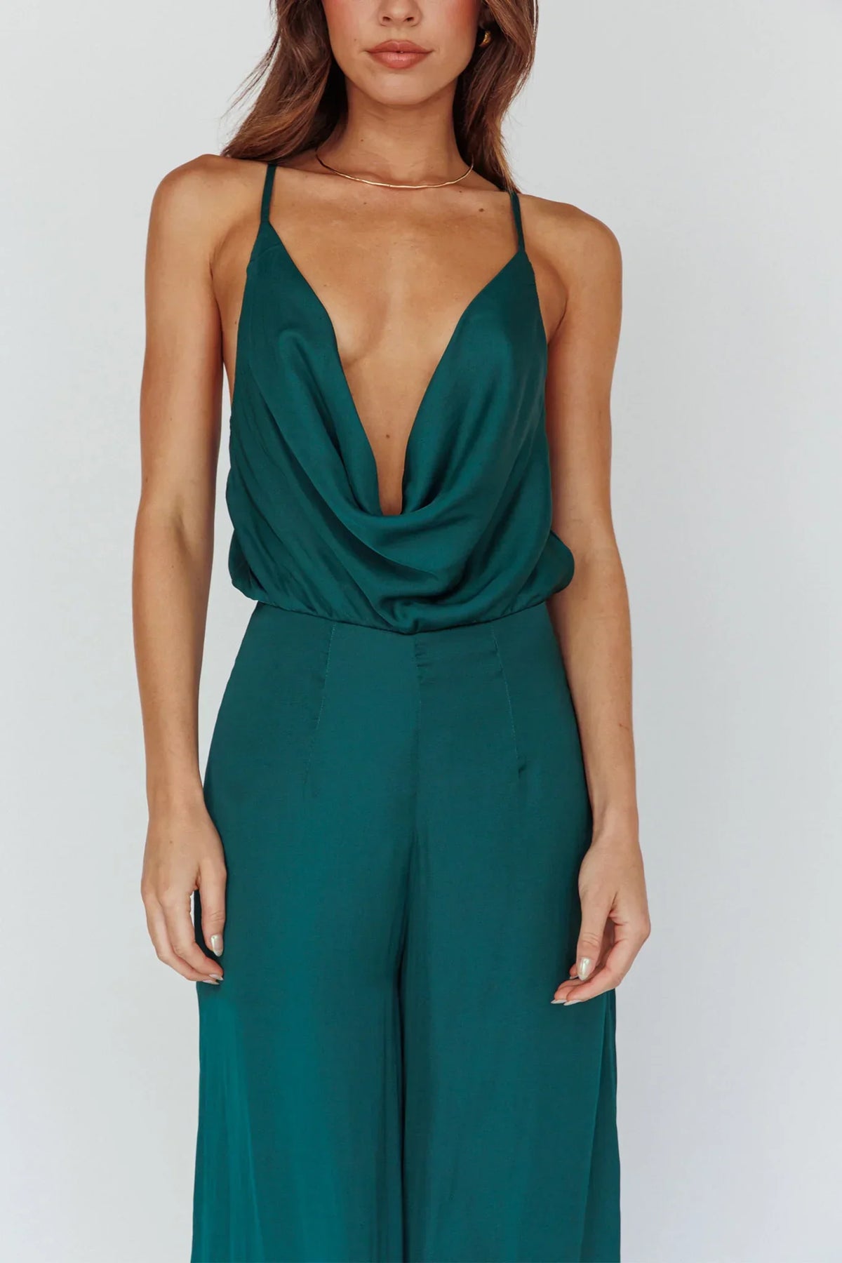 Jaclyn Wide-Leg Cowl Neck Jumpsuit Forest Green