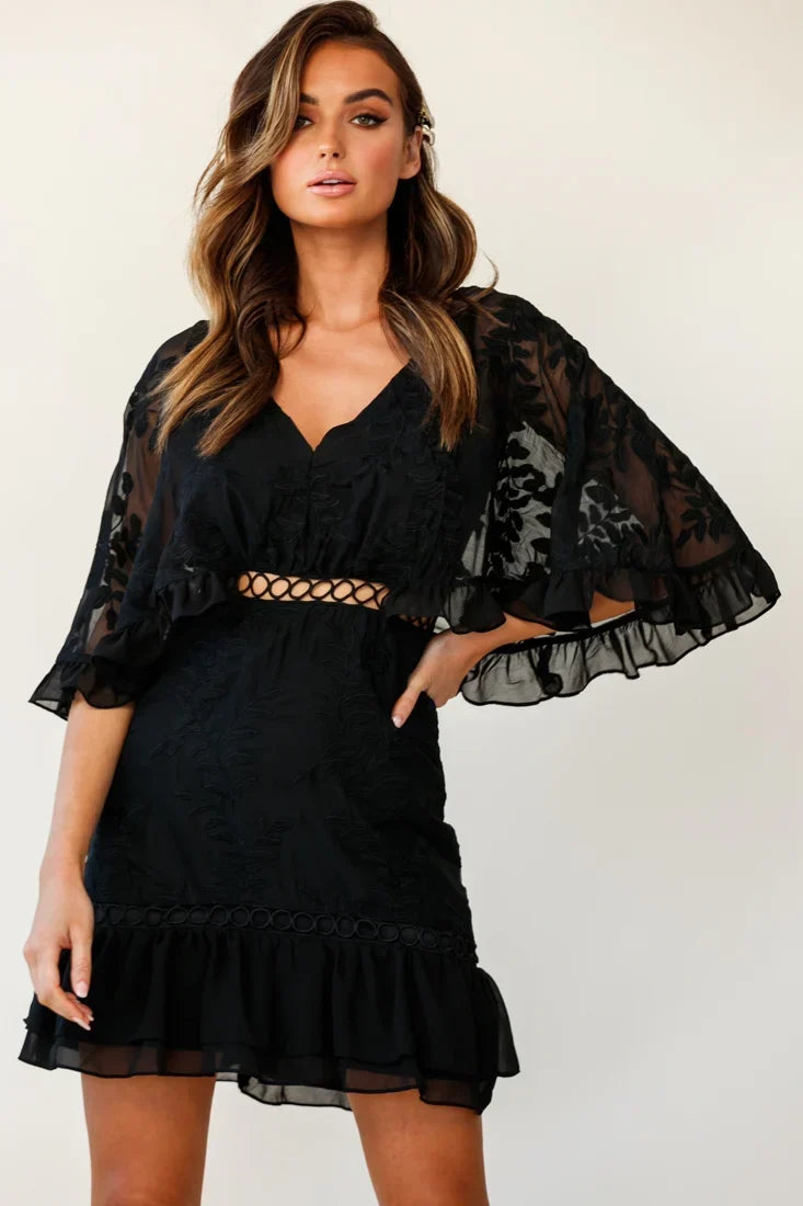 Caspar Leafy Embroidered Dress Black Tall