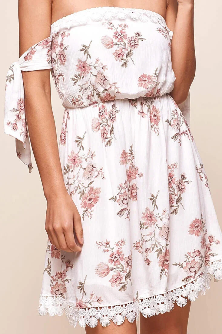 Polly Bardot Embroidery Fringe Dress White