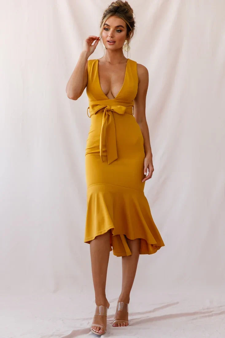 Sorry Not Sorry Wide Strap Flounce Dress Mustard