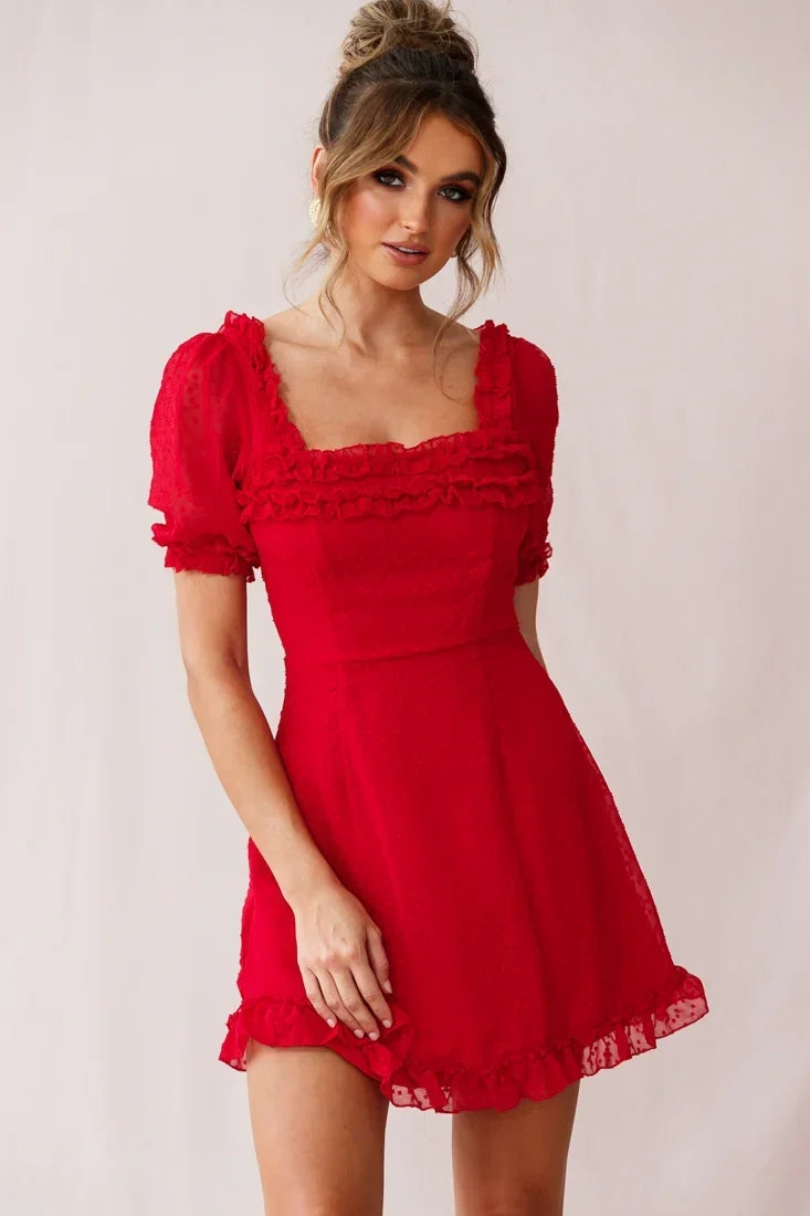 Lara Puff Sleeve Frill Dress Red