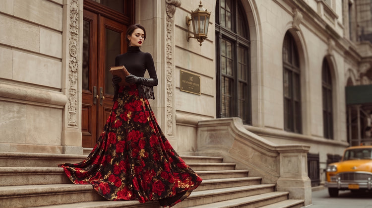 Woman in a black turtleneck and red floral maxi skirt on stone steps