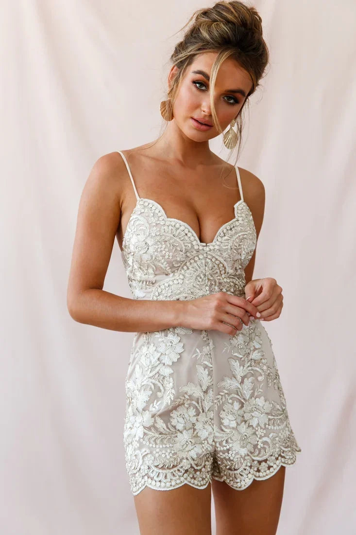 Delilah Embroidered Scalloped Hem Romper Beige