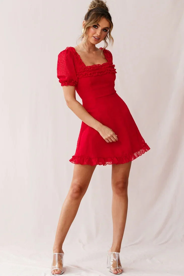 Lara Puff Sleeve Frill Dress Red