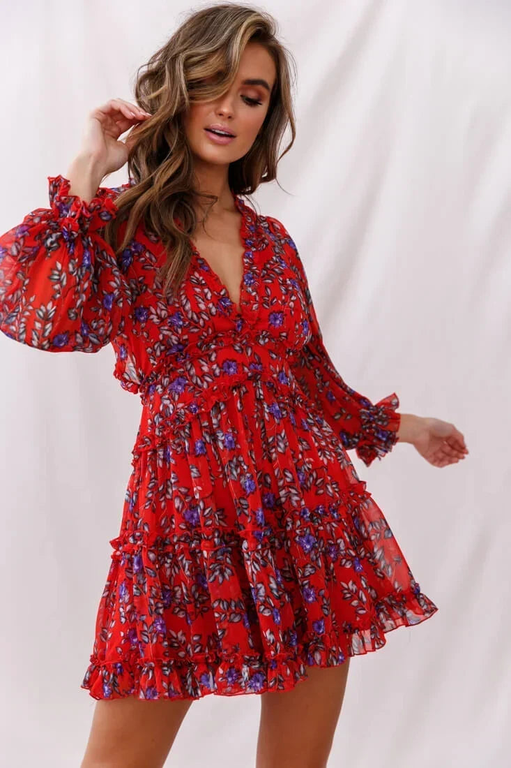 Laney Cutout Back Ruffle Trim Dress Red Floral