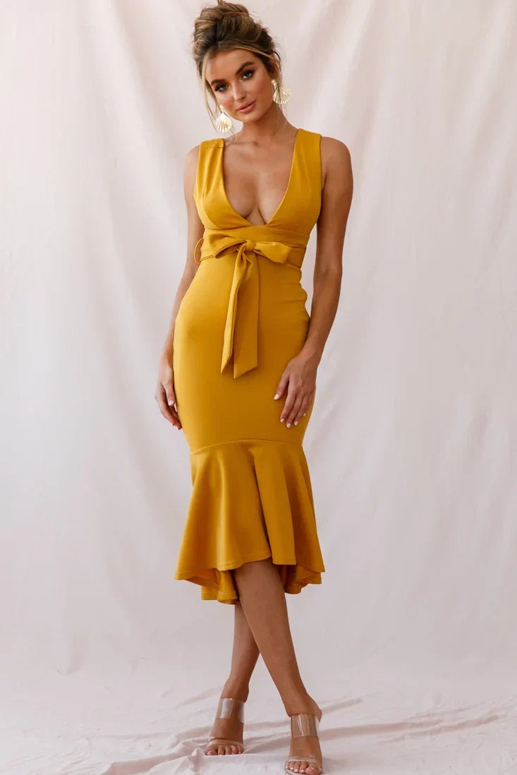Sorry Not Sorry Wide Strap Flounce Dress Mustard