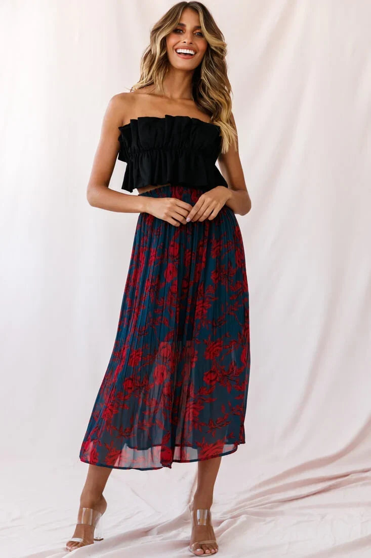 Caroline Accordion Pleat Midi Skirt Forest Green/Red