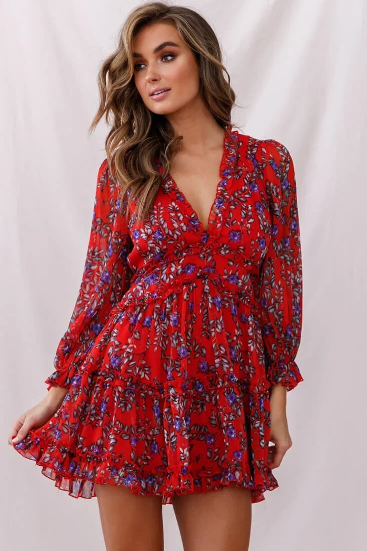 Laney Cutout Back Ruffle Trim Dress Red Floral