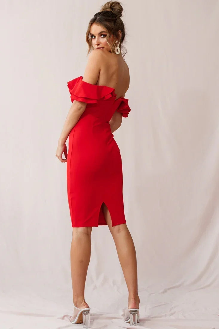 Rossi Ruffled Off The Shoulder Bodycon Dress Red