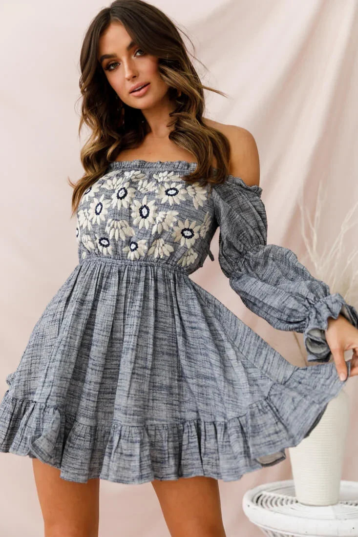 Kayla Off-Shoulder Daisy Embroidered Dress Blue