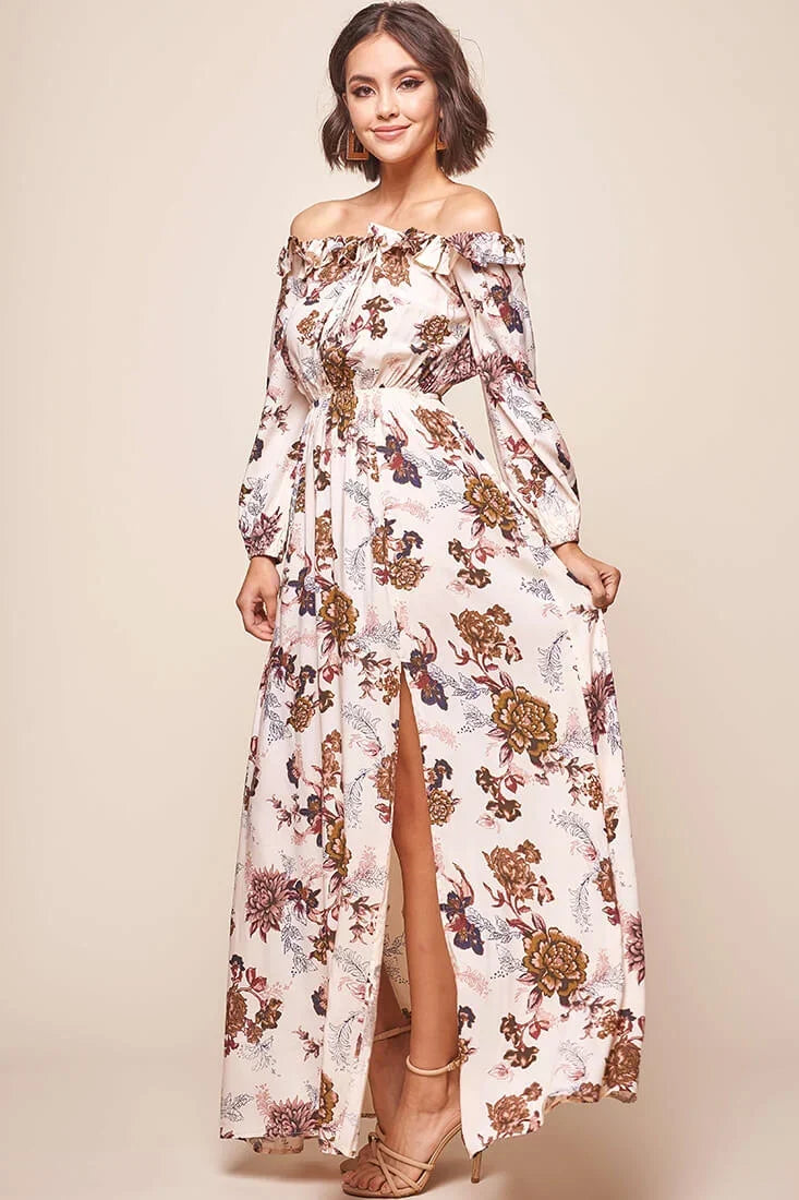 Tatiana Bardot Frill Neckline Maxi Dress Mocha
