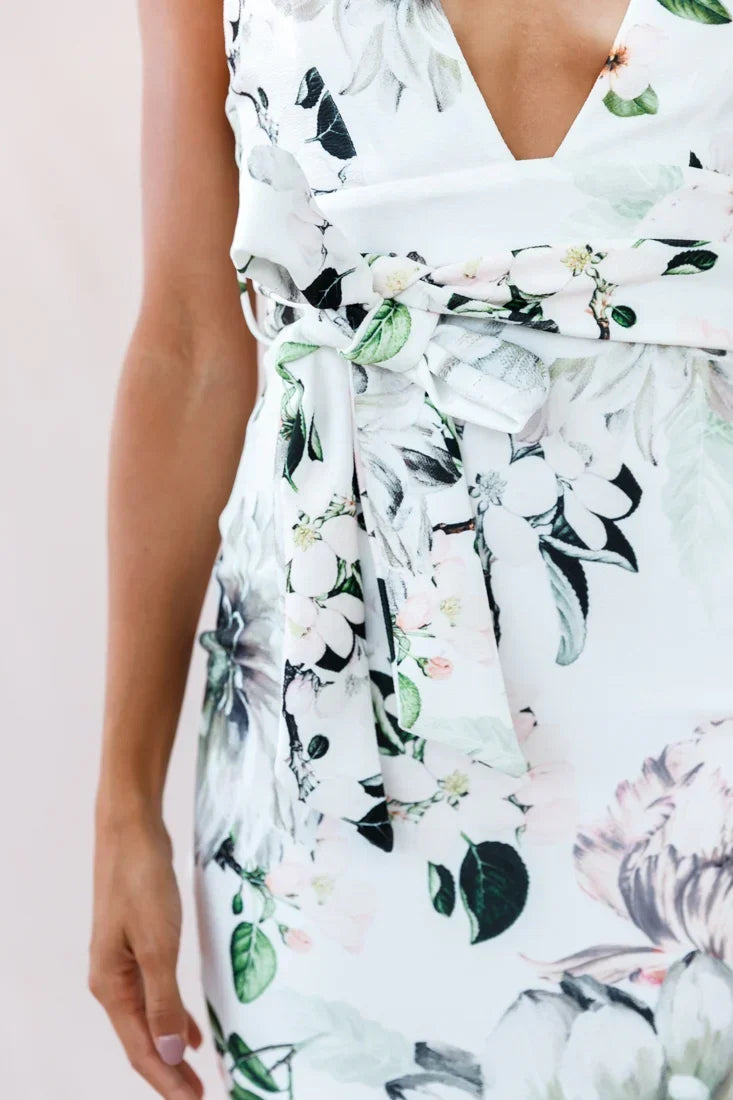 Sorry Not Sorry Wide Strap Flounce Floral Dress White