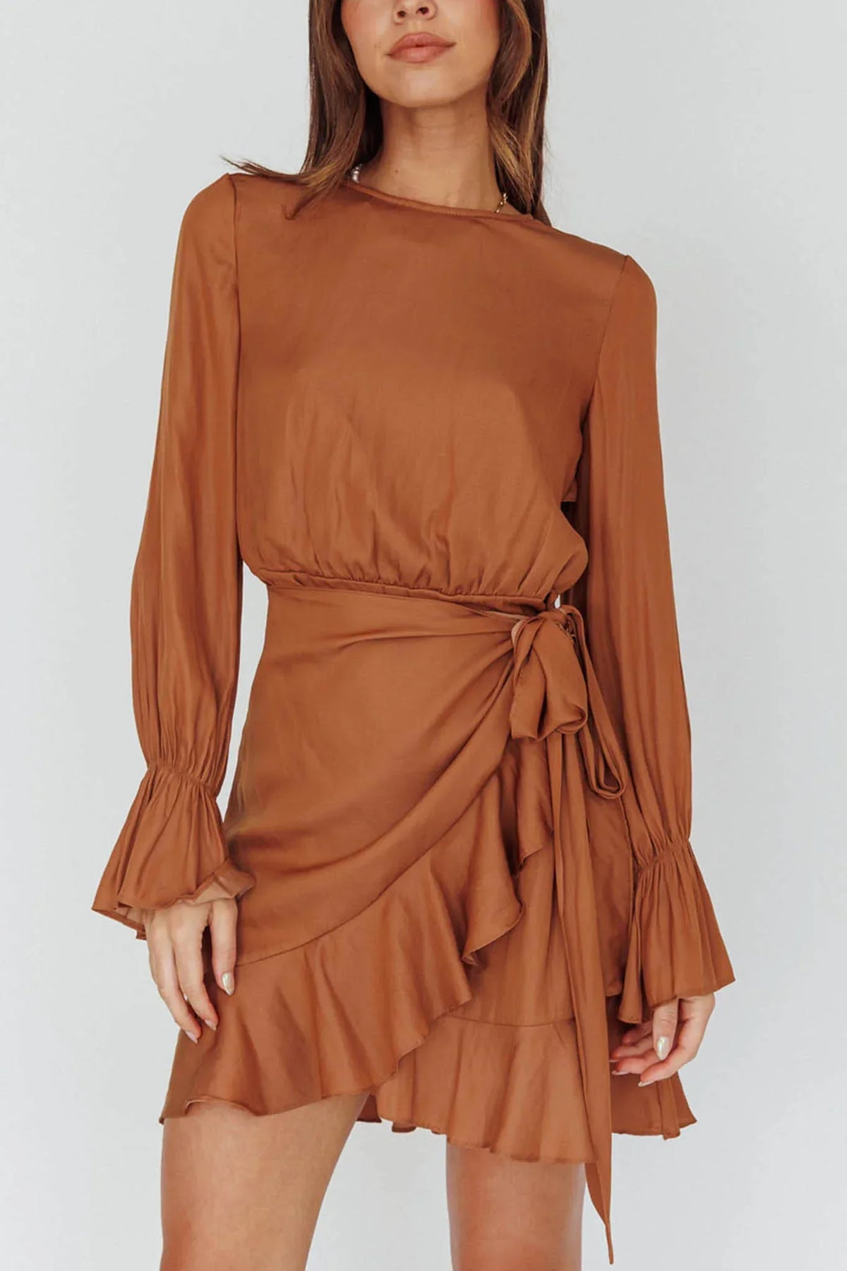 Darla Long Sleeve Satin Dress Tan