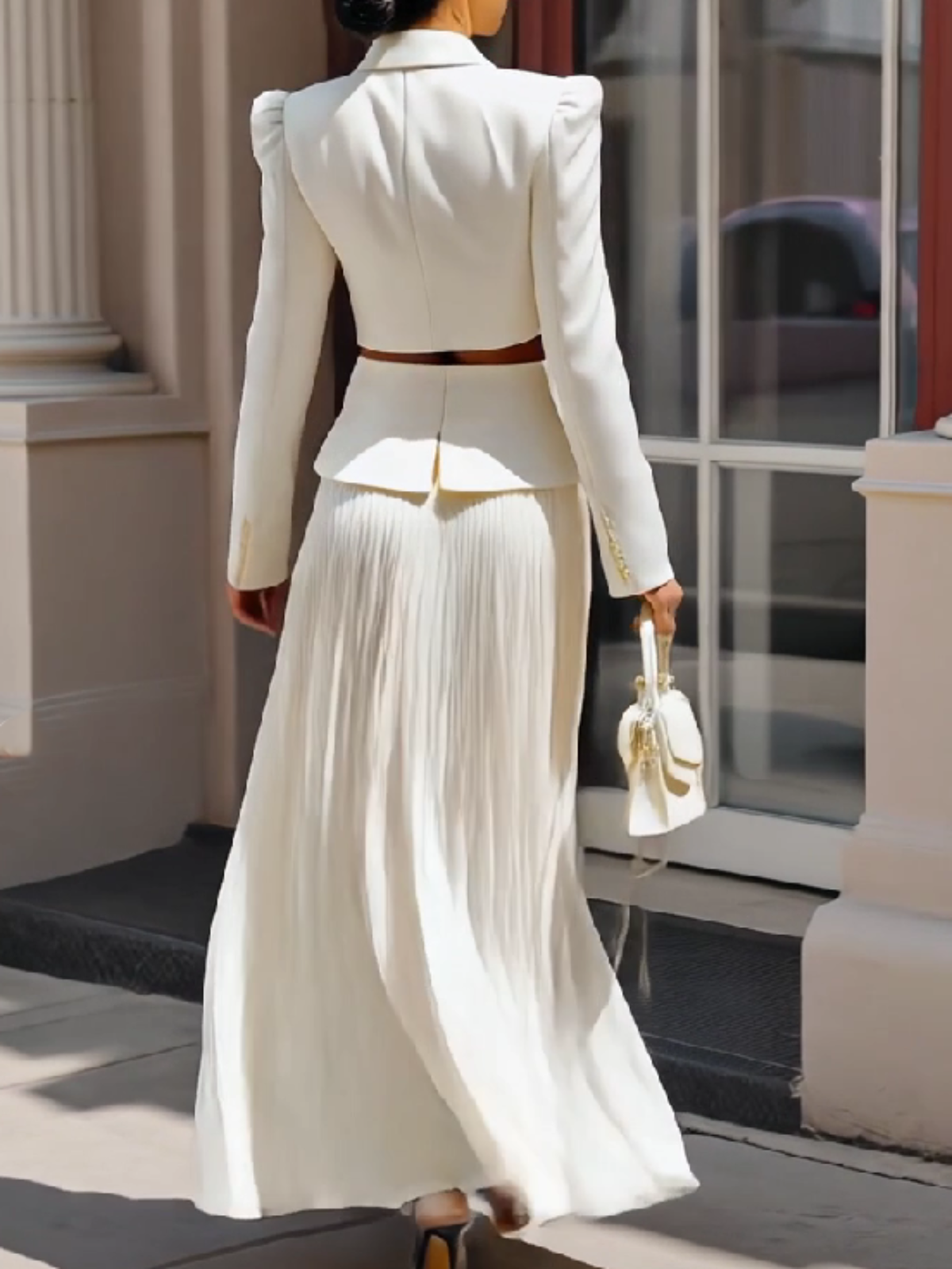 White Two Piece Set - Cropped Blazer with Pleated Maxi Skirt