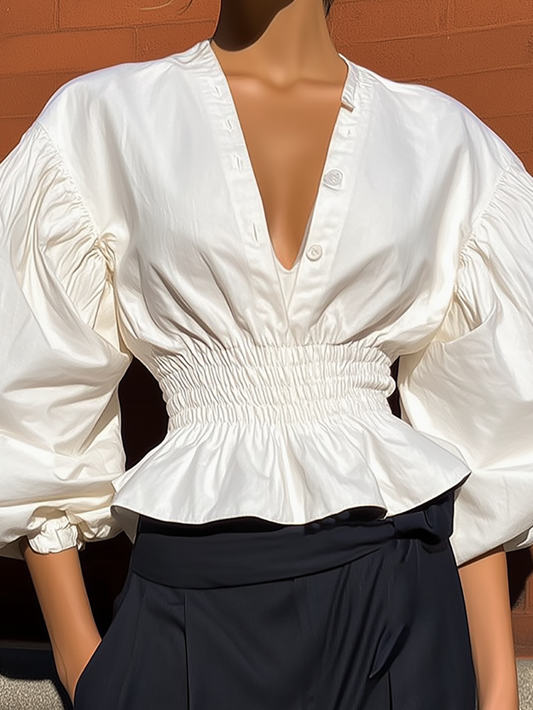 Maeyira Elegant White V-Neck Blouse with Voluminous Puff Sleeves 